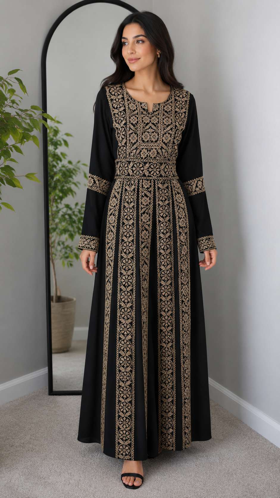 Golden Elegance Palestinian Thobe – Black & Gold Embroidered Heritage Dress