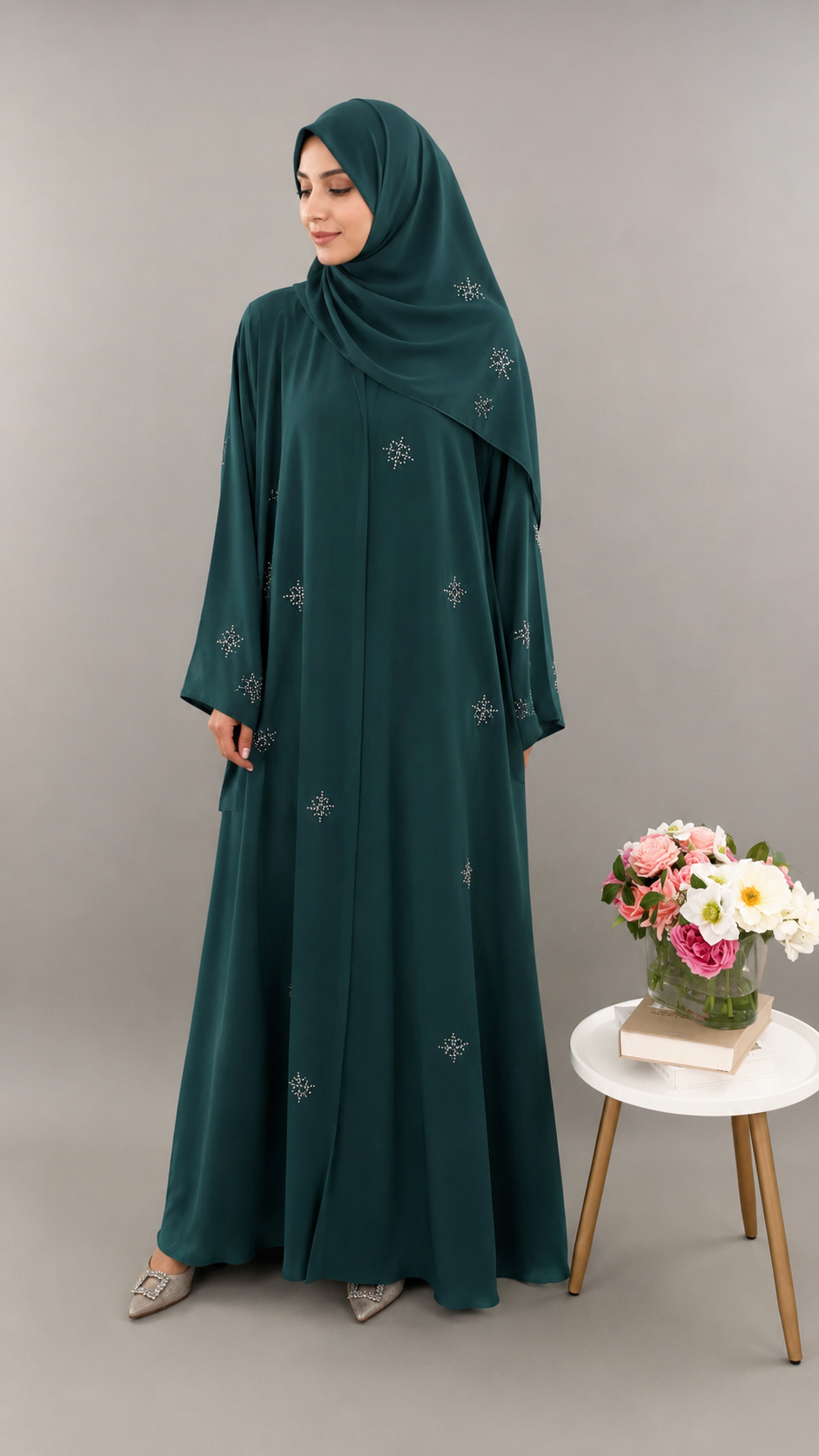 Elegant Dark Emerald Green Embellished Abaya with Matching Shawl