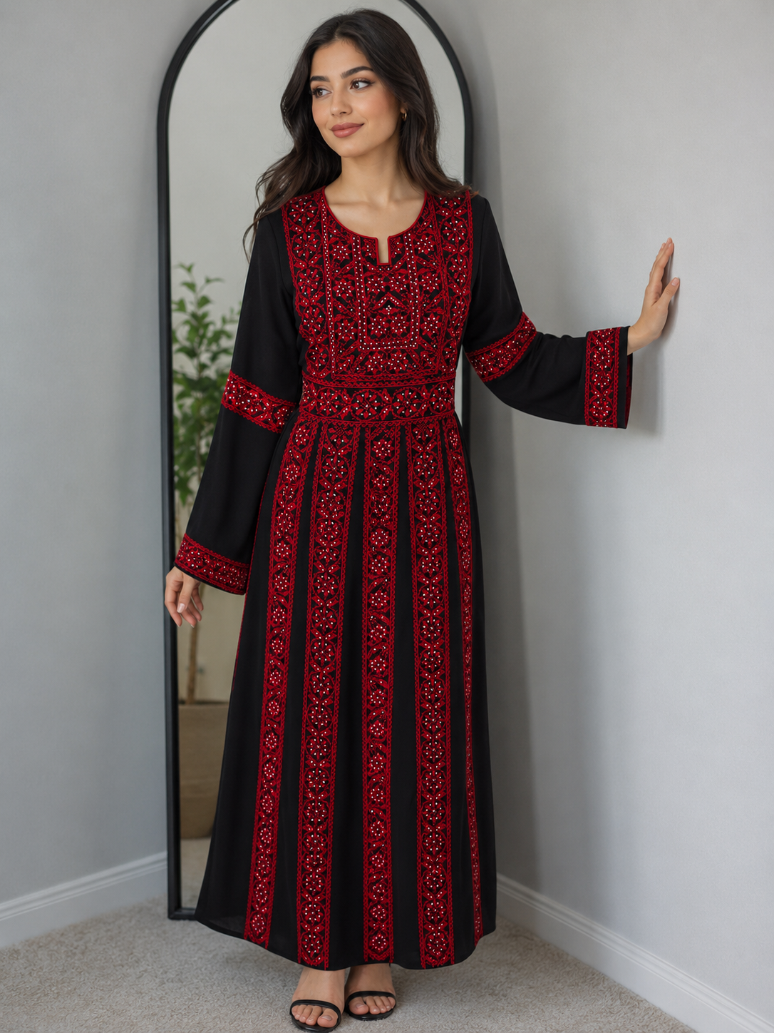 Palestinian Embroidered Thobe – Black & Red Heritage Dress