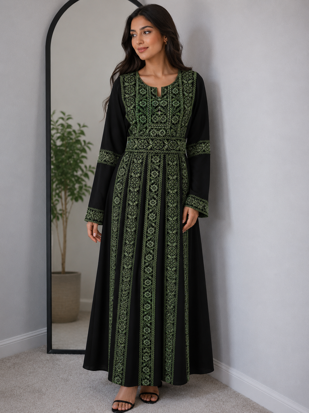 Olive Green Palestinian Embroidered Thobe – Traditional Heritage Dress