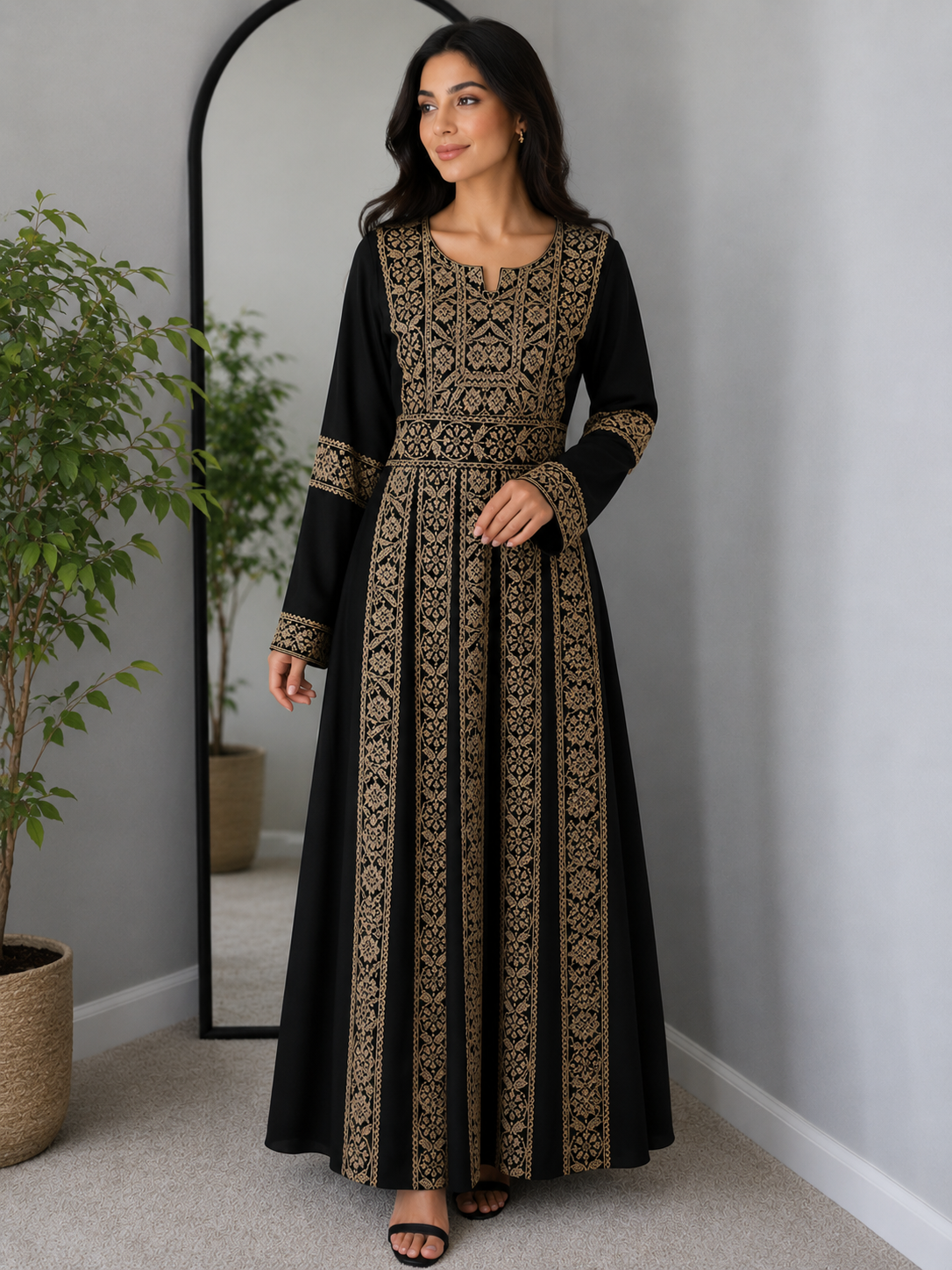 Golden Elegance Palestinian Thobe – Black & Gold Embroidered Heritage Dress