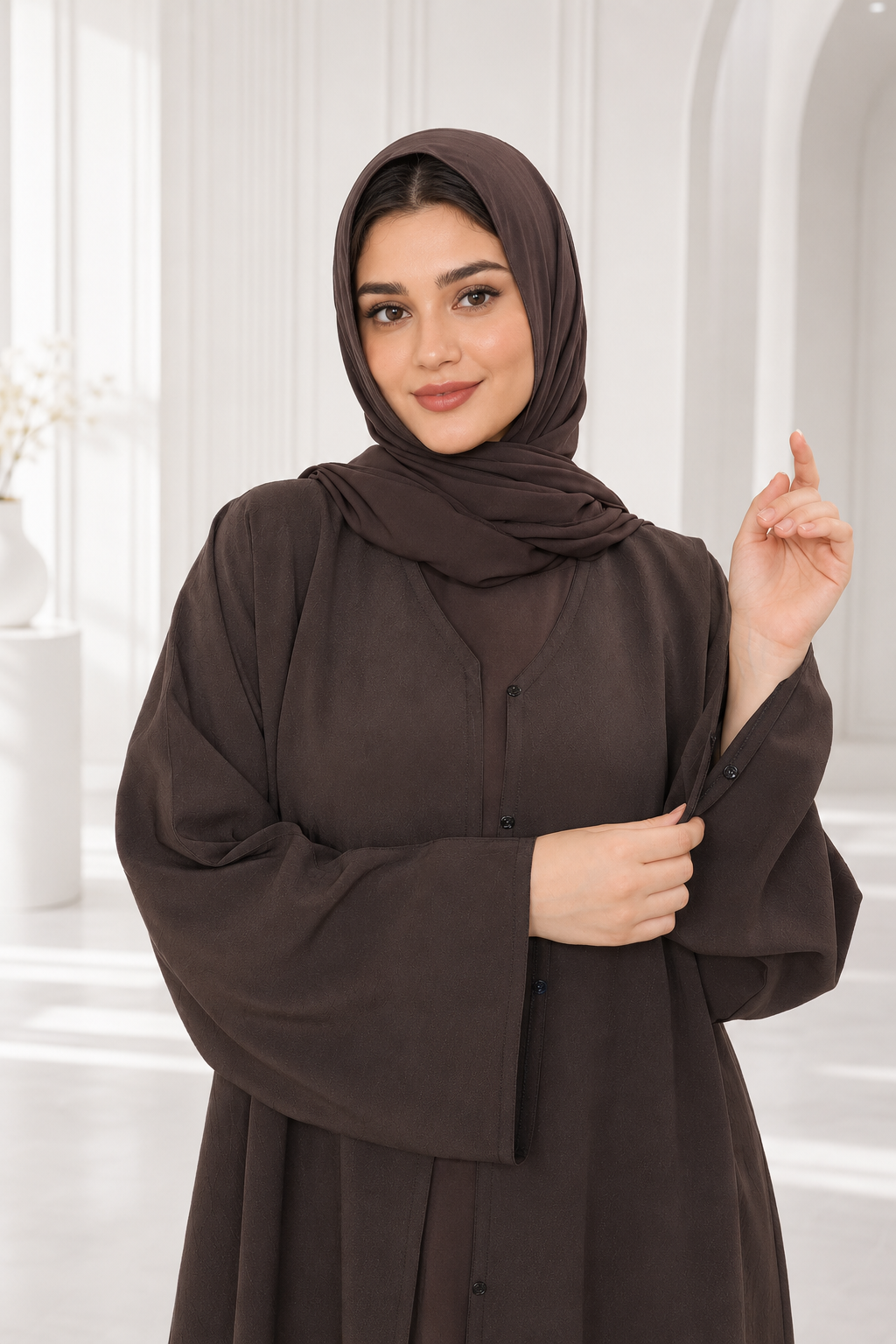 Premium Button Front Open Abaya – Chocolate Brown