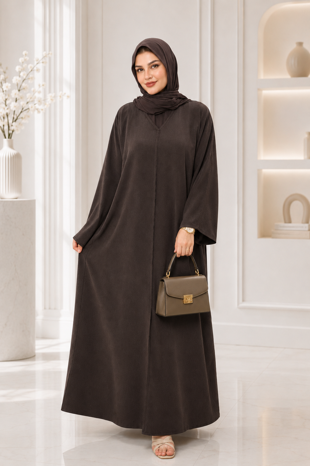 Premium Button Front Open Abaya – Chocolate Brown