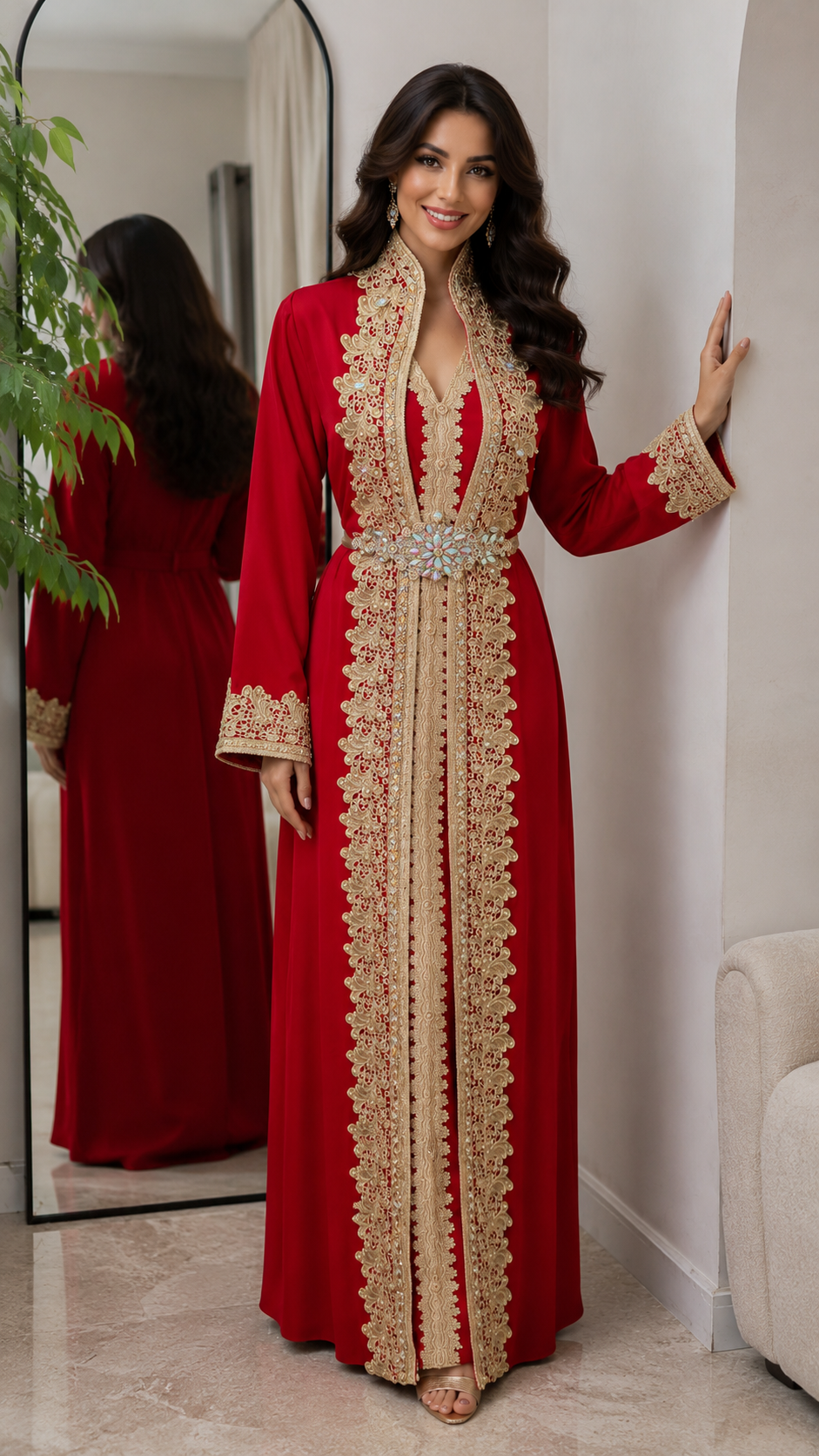 Luxury Red Moroccan Caftan with Gold Embroidery – Elegant Evening Maxi Dress
