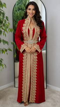 Luxury Red Moroccan Caftan with Gold Embroidery – Elegant Evening Maxi Dress