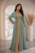 Luxury Mint Green Moroccan Caftan with Gold Embroidery – Elegant Formal Maxi Dress
