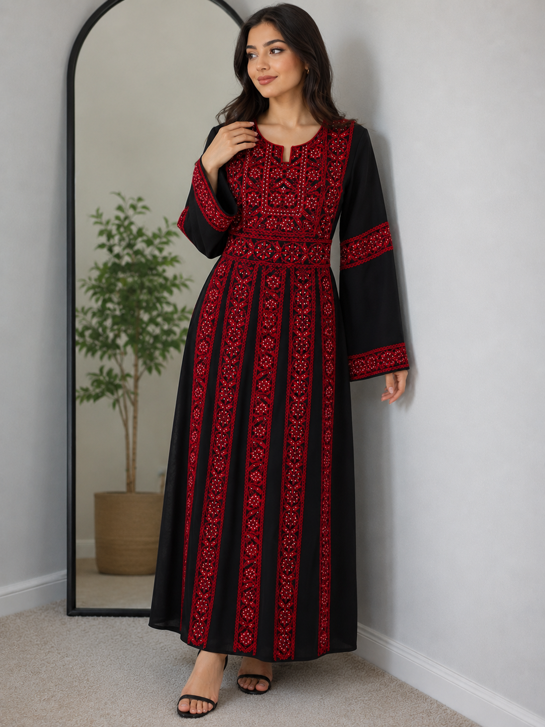 Palestinian Embroidered Thobe – Black & Red Heritage Dress