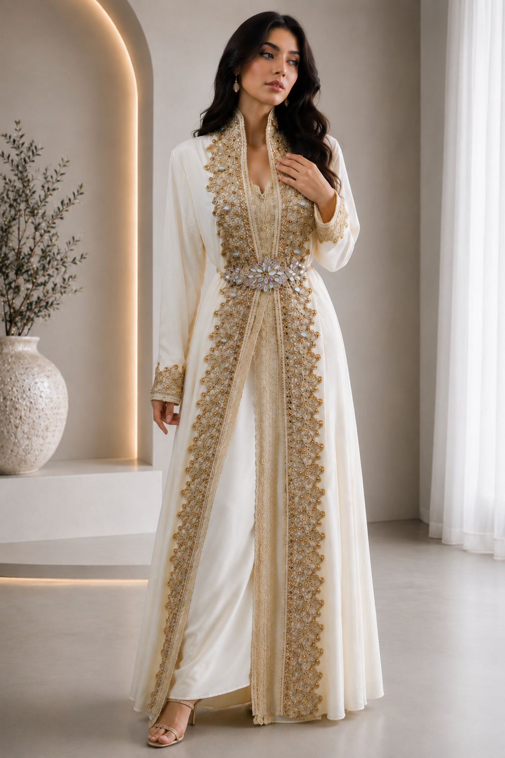 Luxury Ivory & Gold Embroidered Moroccan Caftan