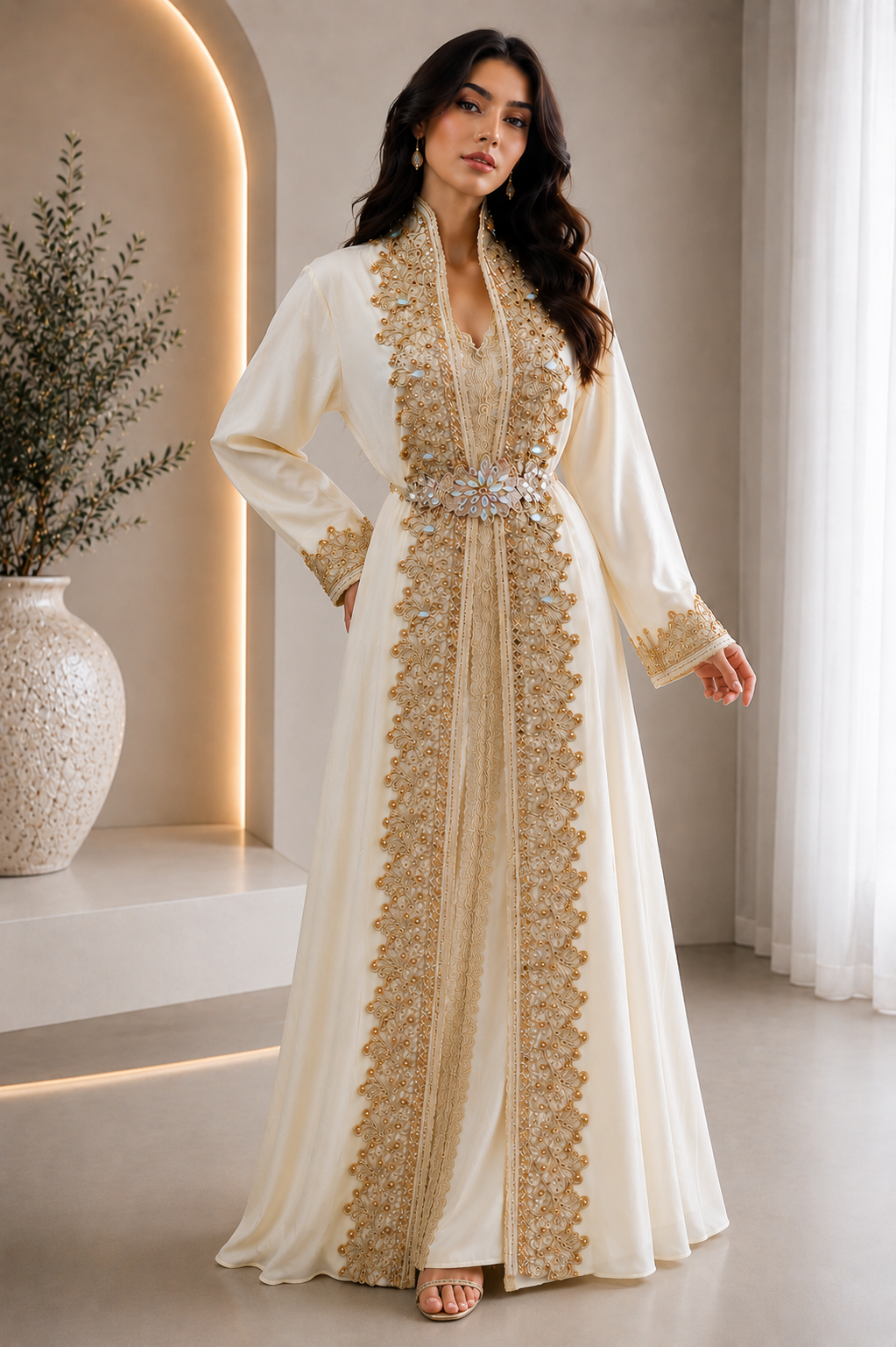 Luxury Ivory & Gold Embroidered Moroccan Caftan