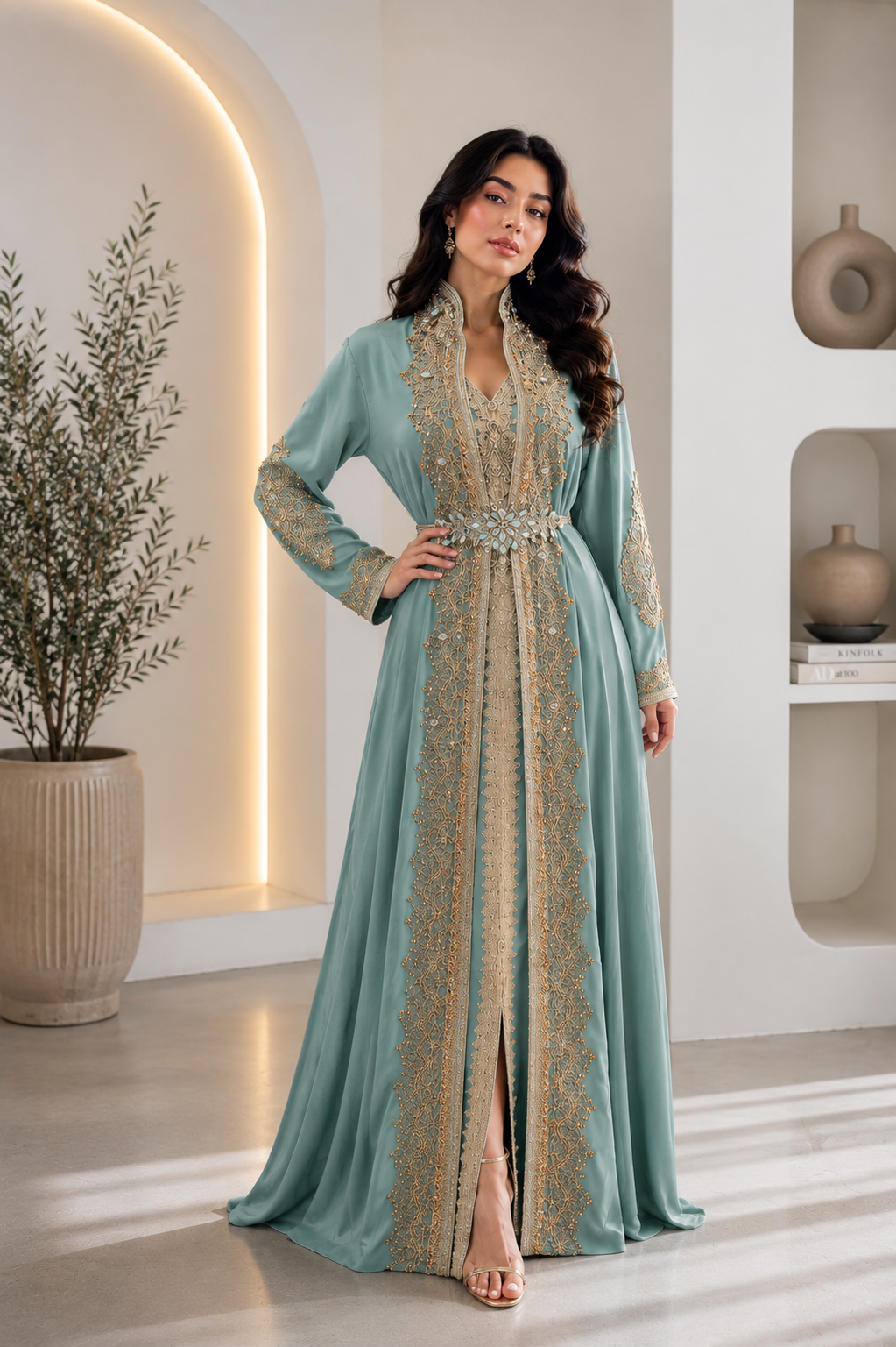 Luxury Mint Green Moroccan Caftan with Gold Embroidery – Elegant Formal Maxi Dress