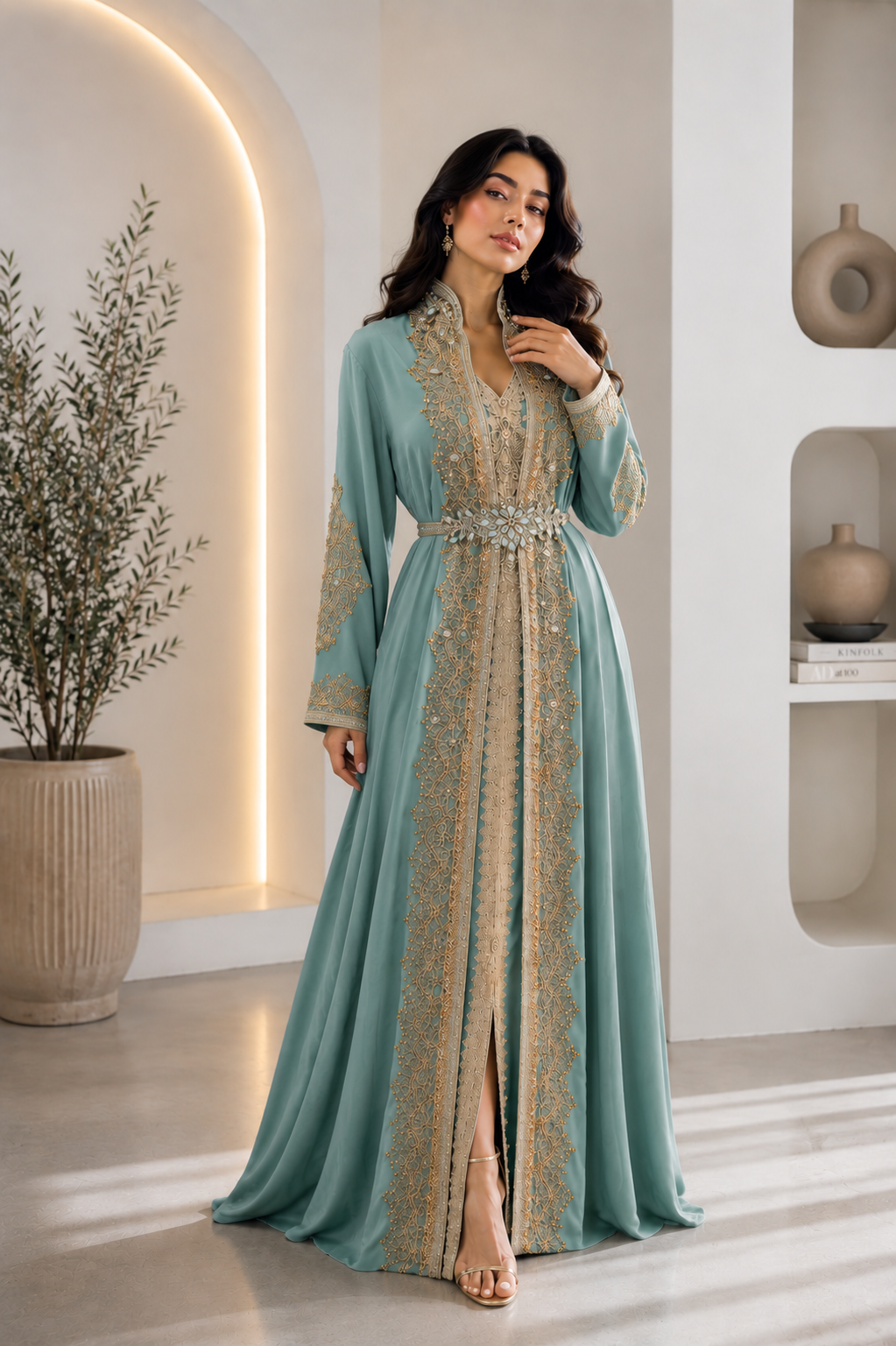 Luxury Mint Green Moroccan Caftan with Gold Embroidery – Elegant Formal Maxi Dress