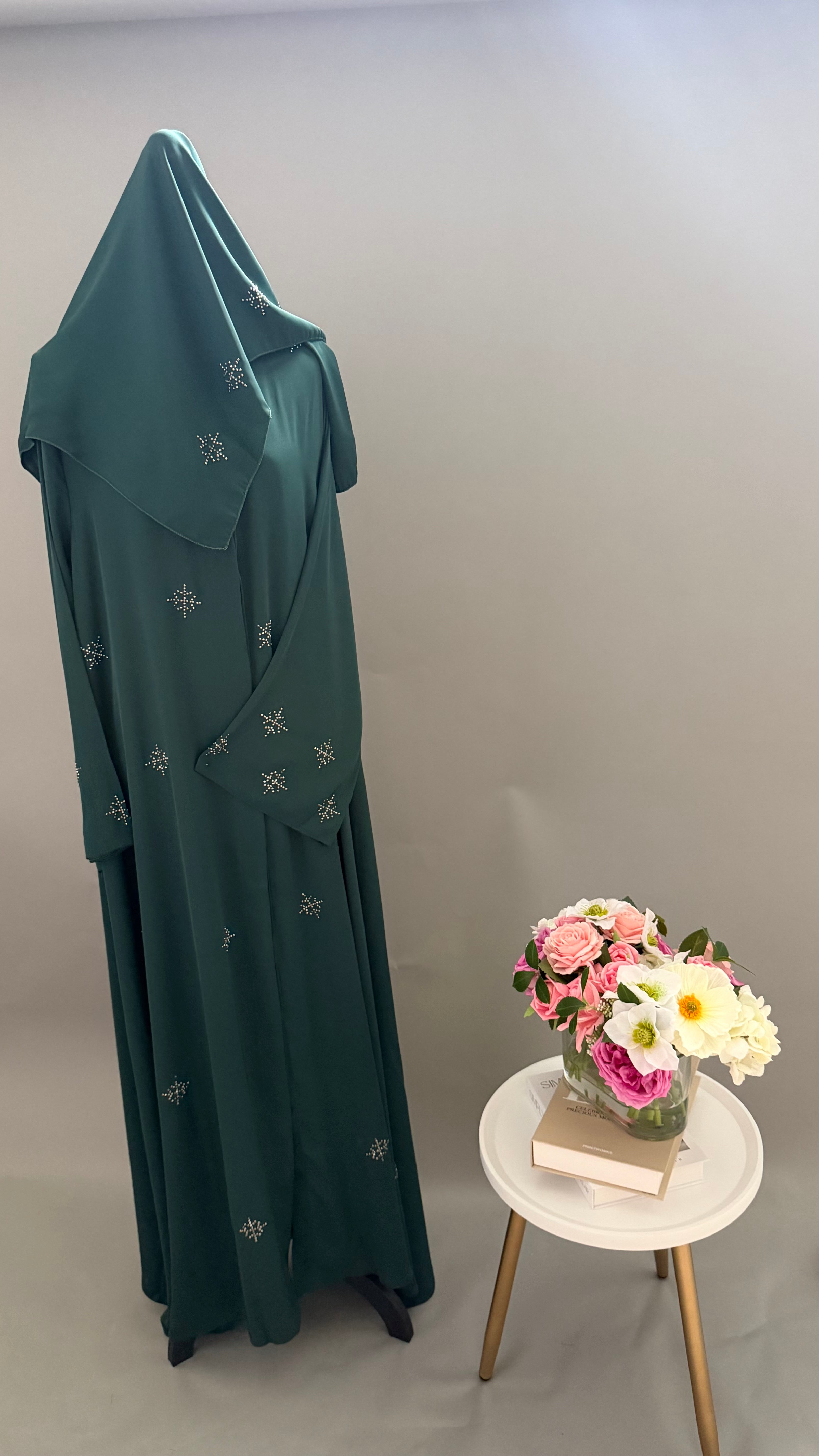 Elegant Dark Emerald Green Embellished Abaya with Matching Shawl