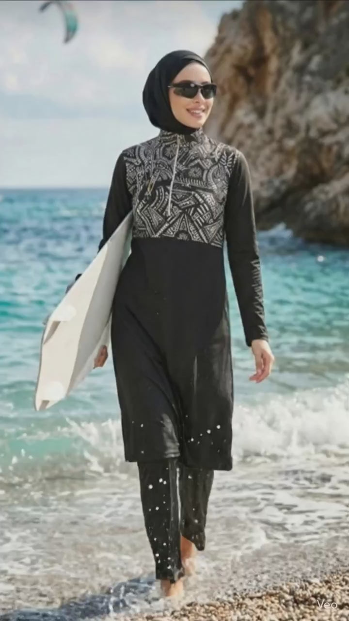 Modest Burkini Set – Black Print