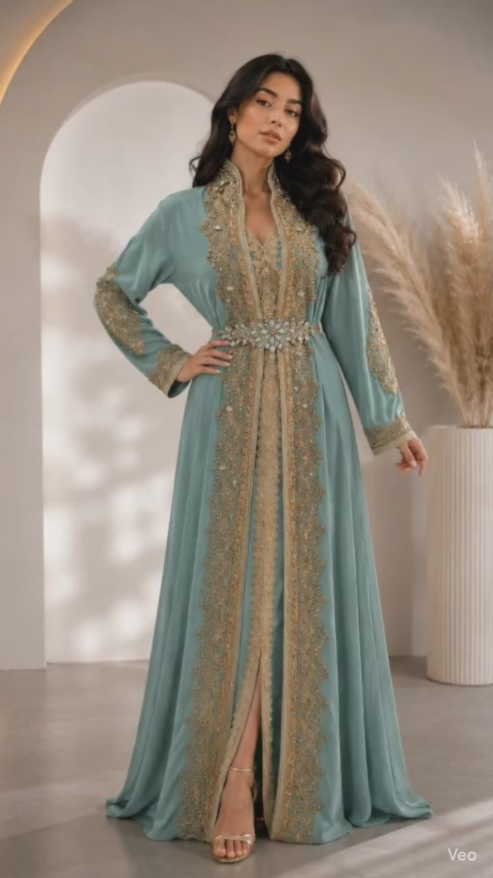 Luxury Mint Green Moroccan Caftan with Gold Embroidery – Elegant Formal Maxi Dress