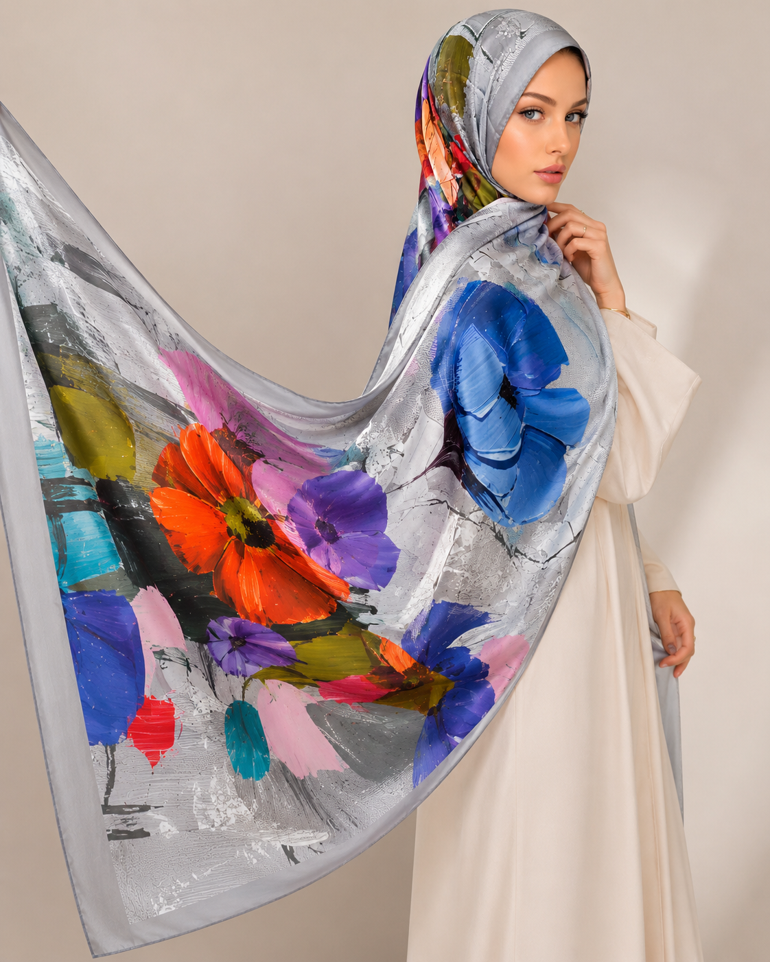 Elegant Floral Art Silk Shawl Hijab – Gray Multicolor Statement Scarf