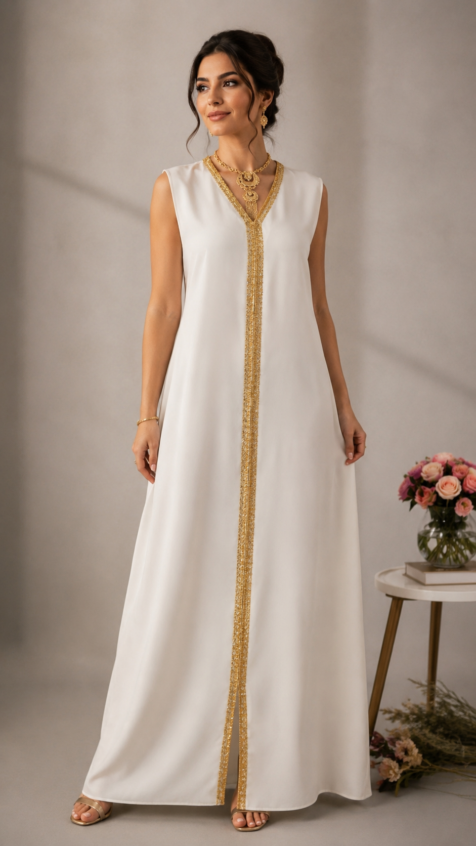 Luxury Ivory Moroccan Caftan with Gold Embroidery & Matching Belt
