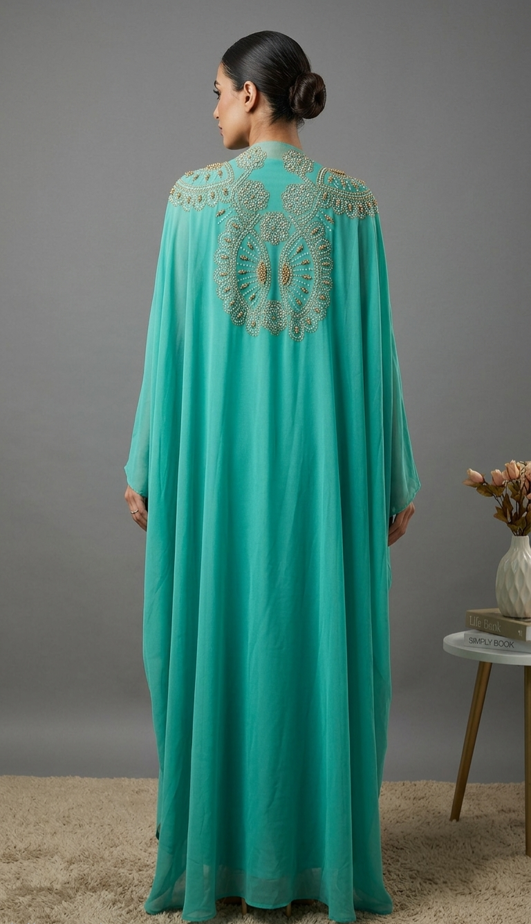 Luxury 2-Piece Crystal Embellished Kaftan Set – Flowing Chiffon Cape & Inner Dress | Aqua Blue