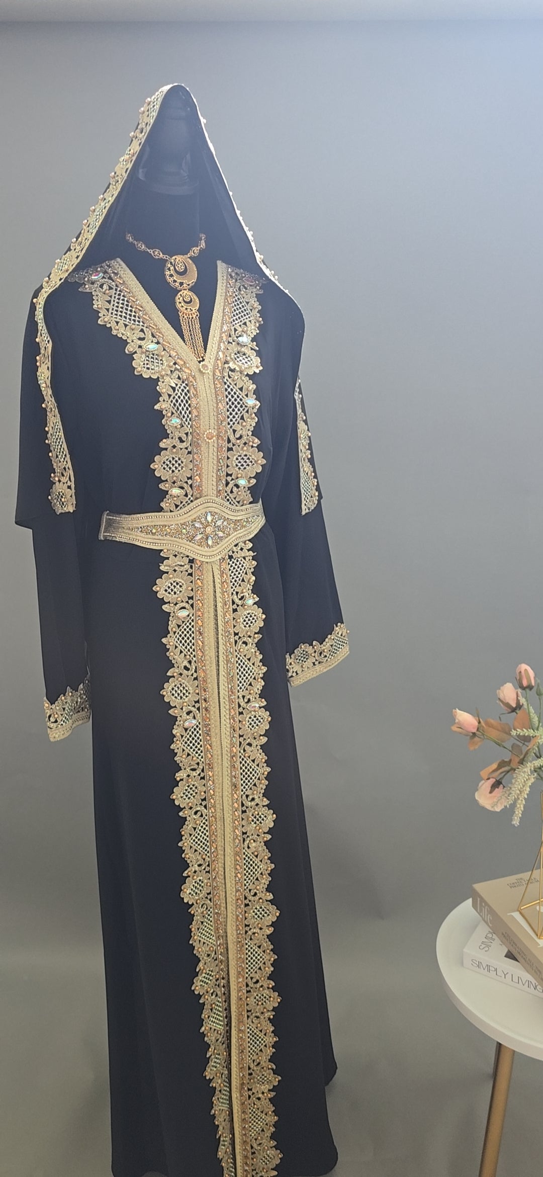 Luxury Black Moroccan Caftan with Matching Hooded Scarf & Gold Embroidery