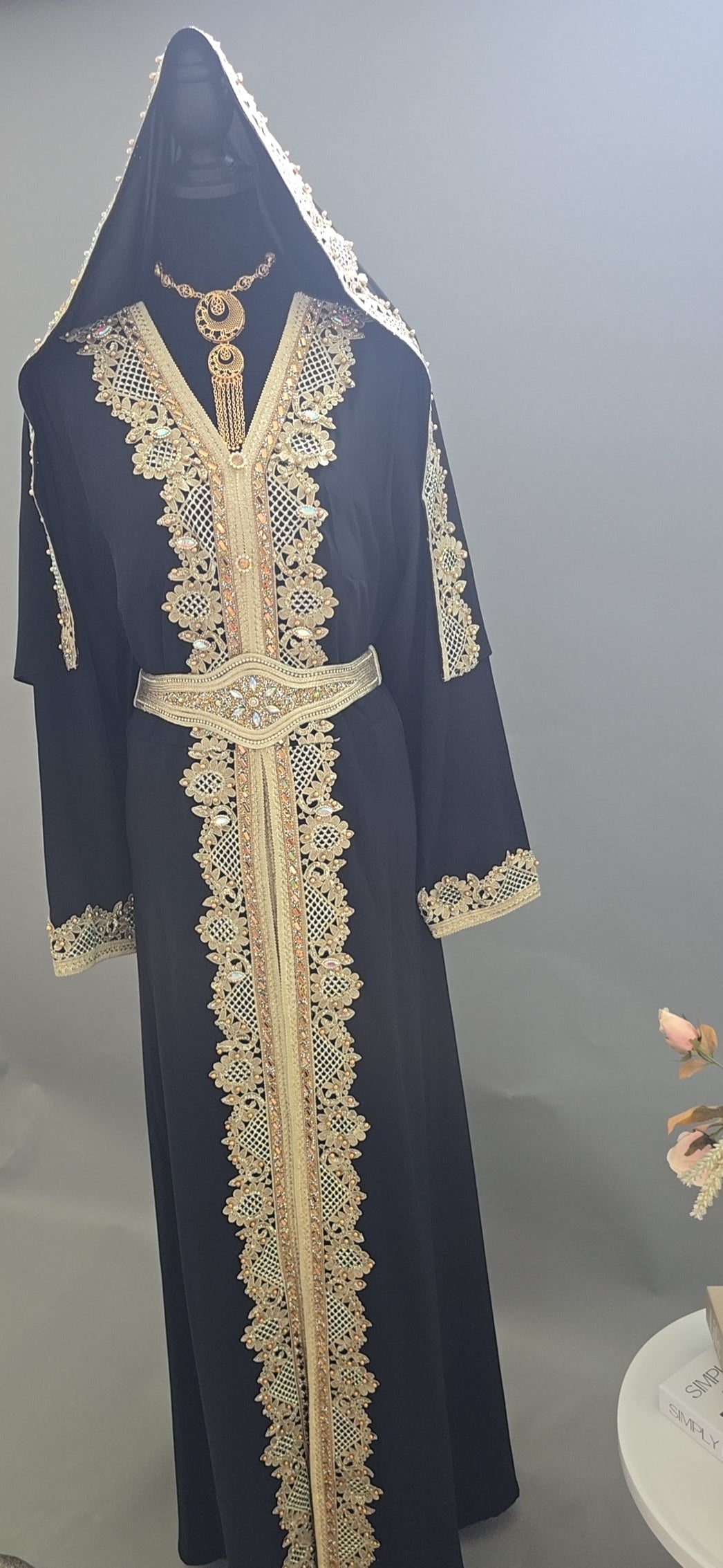 Luxury Black Moroccan Caftan with Matching Hooded Scarf & Gold Embroidery