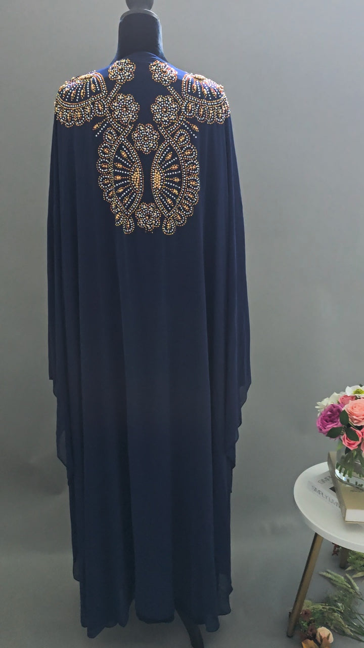 Navy Blue 2-Piece Moroccan Caftan with Inner Dress & Gold Embellishments