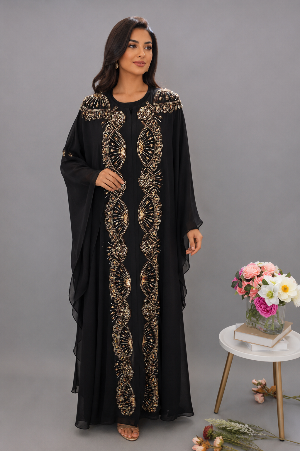 Black Luxury 2-Piece Moroccan Caftan with Gold Embellishments