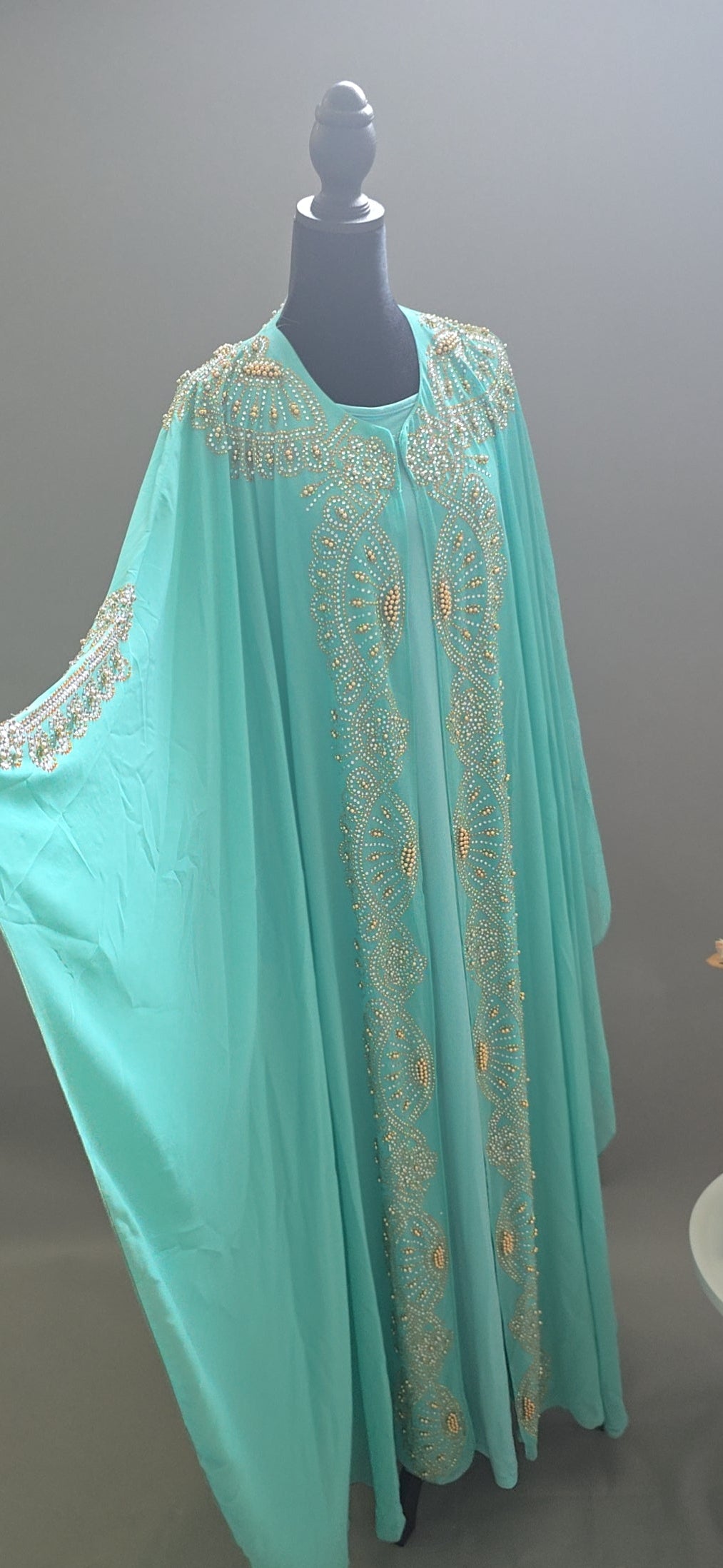 Luxury 2-Piece Crystal Embellished Kaftan Set – Flowing Chiffon Cape & Inner Dress | Aqua Blue