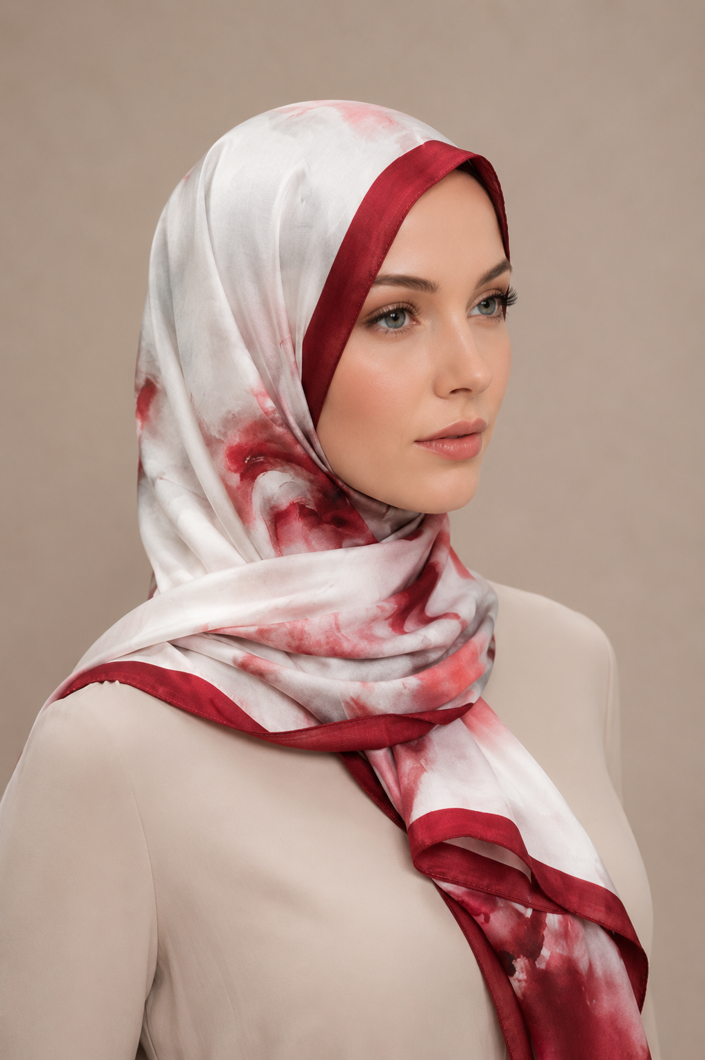 Luxury Watercolor Floral Shawl Hijab – Burgundy & Blush Silk Feel Statement Scarf