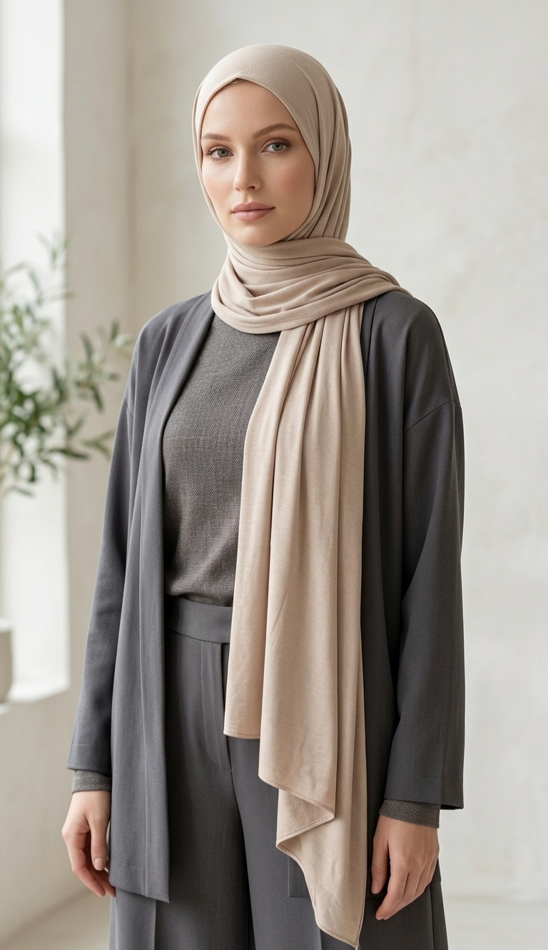 Premium Jersey Hijab – Soft Beige | Stretch Cotton Blend | Long Shawl