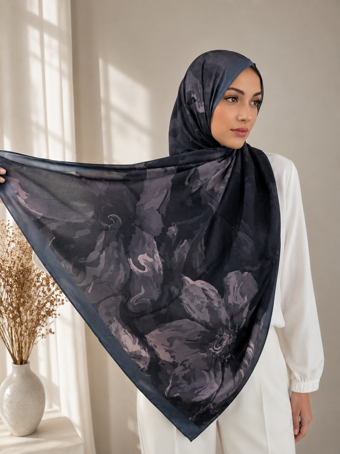 Elegant Midnight Floral Chiffon Hijab