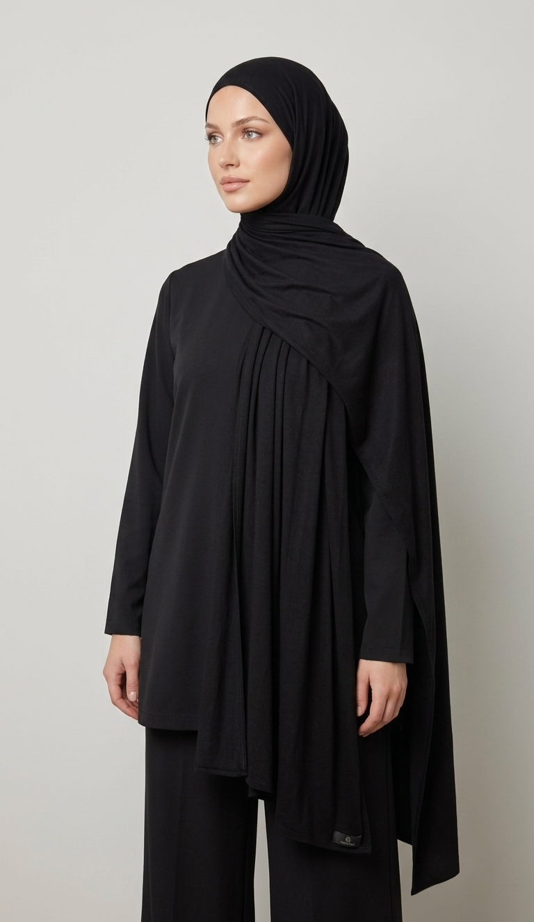 Premium Long Jersey Hijab – Classic Black | Soft Stretch Cotton Blend | Long Shawl