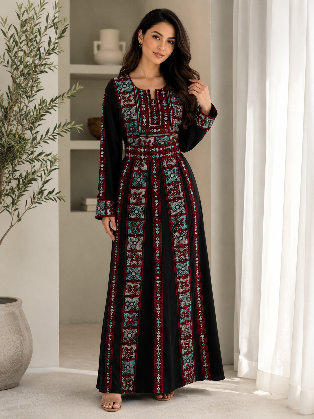Elegant Palestinian Embroidered Maxi Thobe – Traditional Tatreez Modest Dress