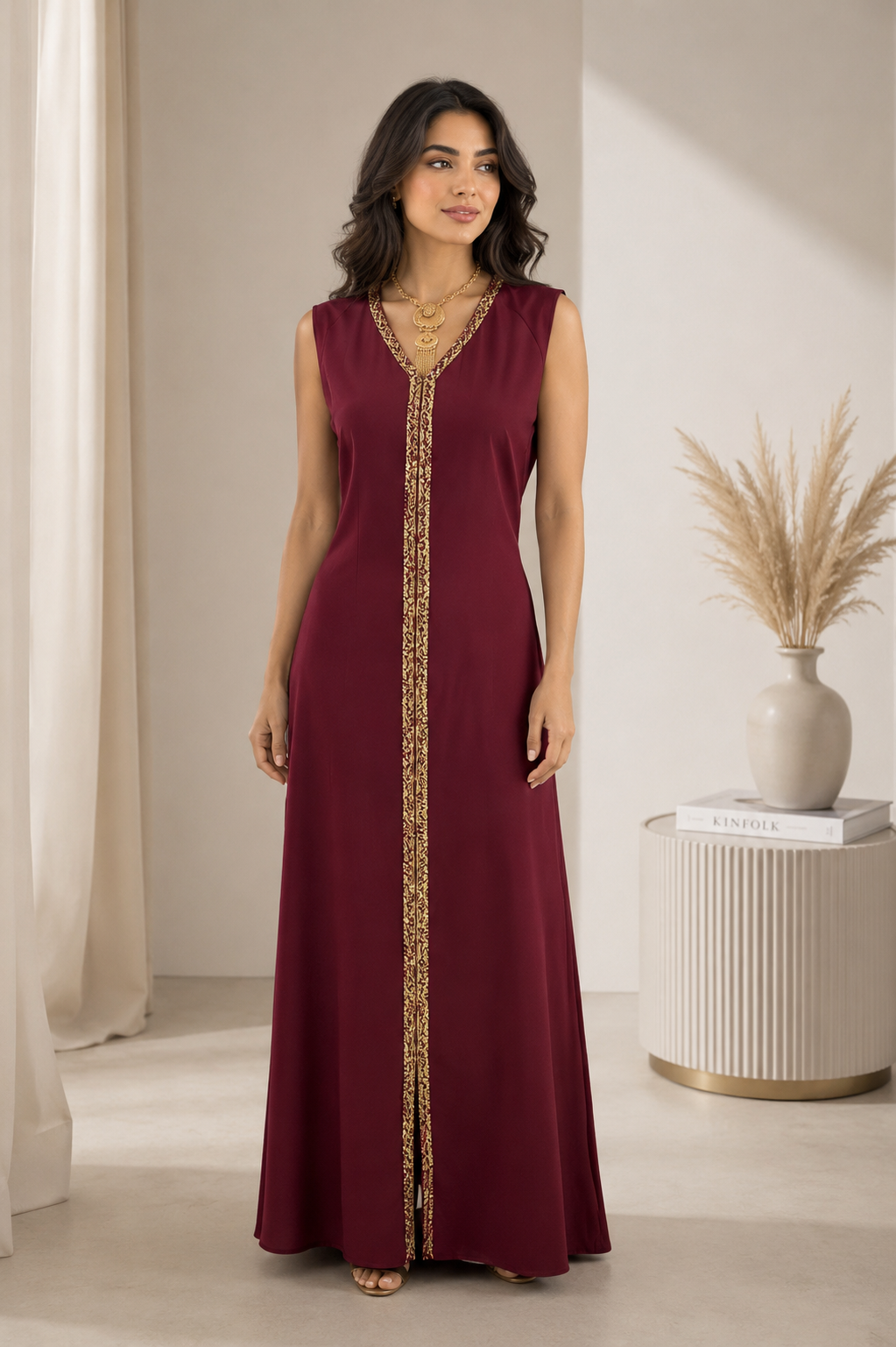 Luxury 3-Piece Burgundy Caftan with Gold Embroidery & Matching Inner Dress