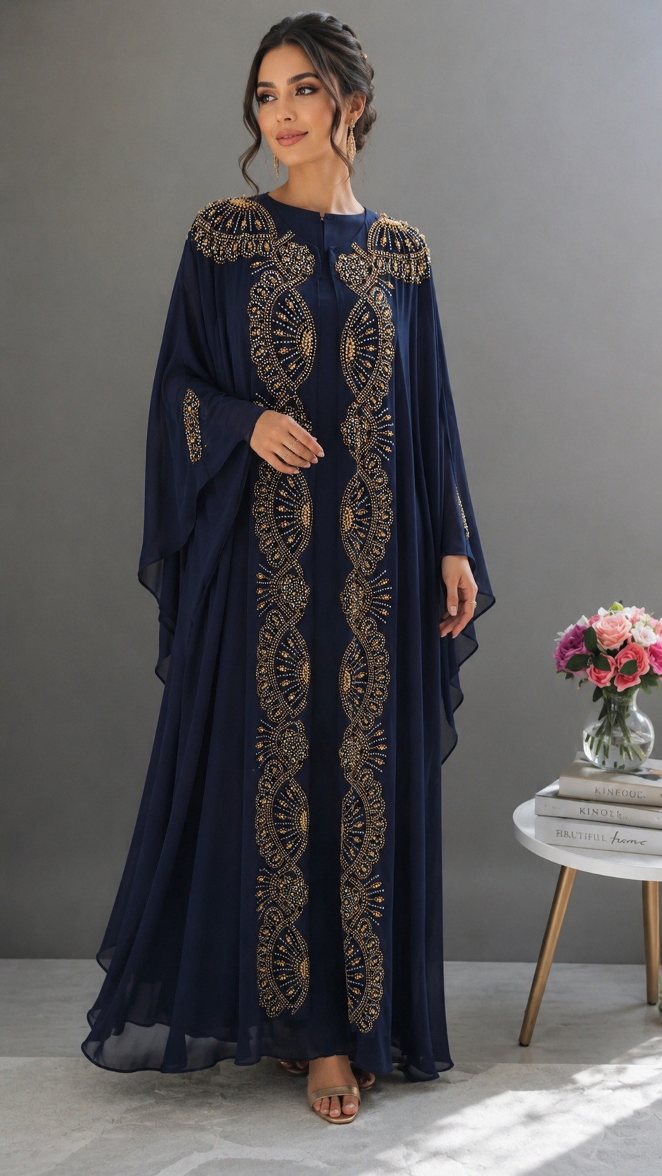 Navy Blue 2-Piece Moroccan Caftan with Inner Dress & Gold Embellishments