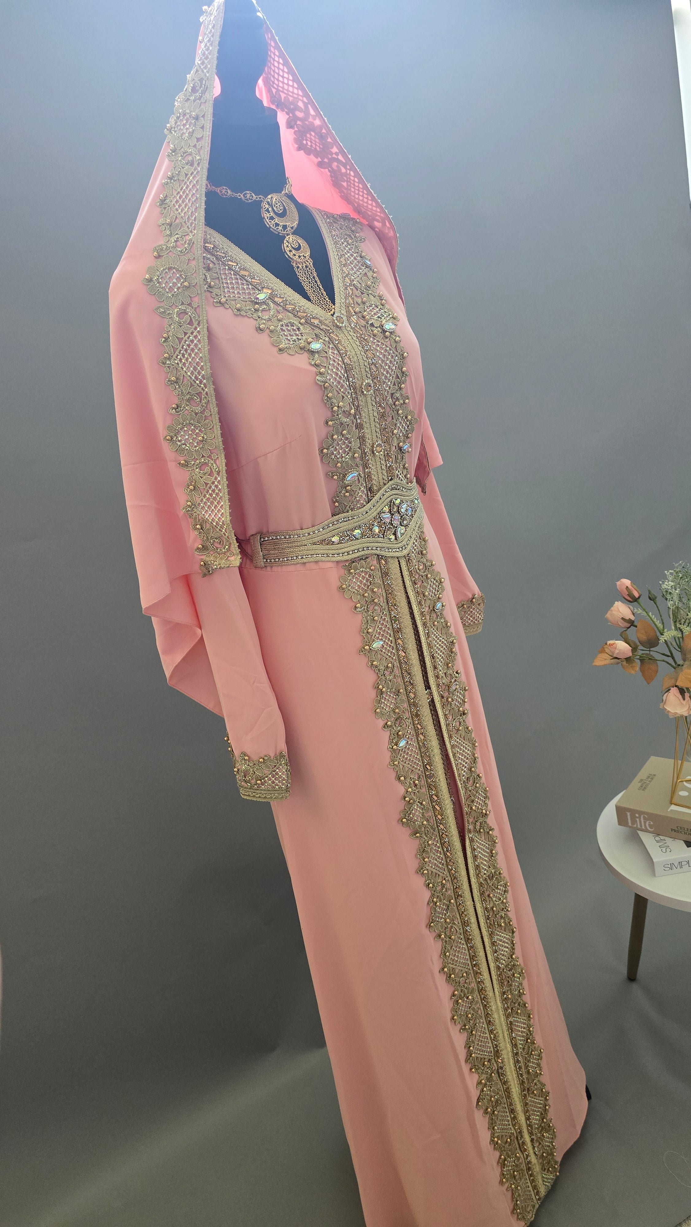 Luxury Blush Pink Moroccan Caftan with Matching Hooded Scarf & Gold Embroidery