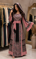 Luxury Palestinian Embroidered Thoub with Matching Hooded Scarf – Black & Dusty Pink