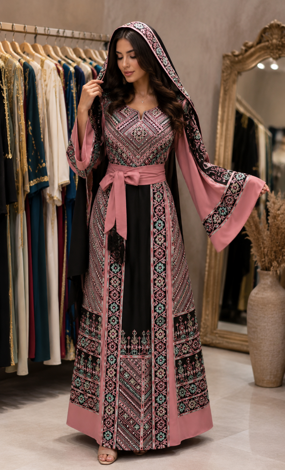 Luxury Palestinian Embroidered Thoub with Matching Hooded Scarf – Black & Dusty Pink
