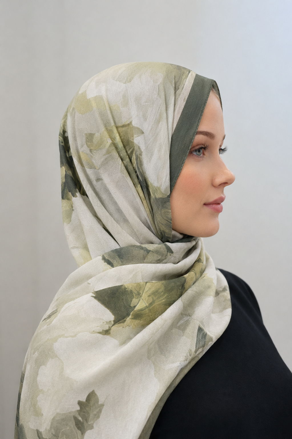 Elegant White Floral Garden Shawl Hijab – Sage Green Border Luxury Scarf
