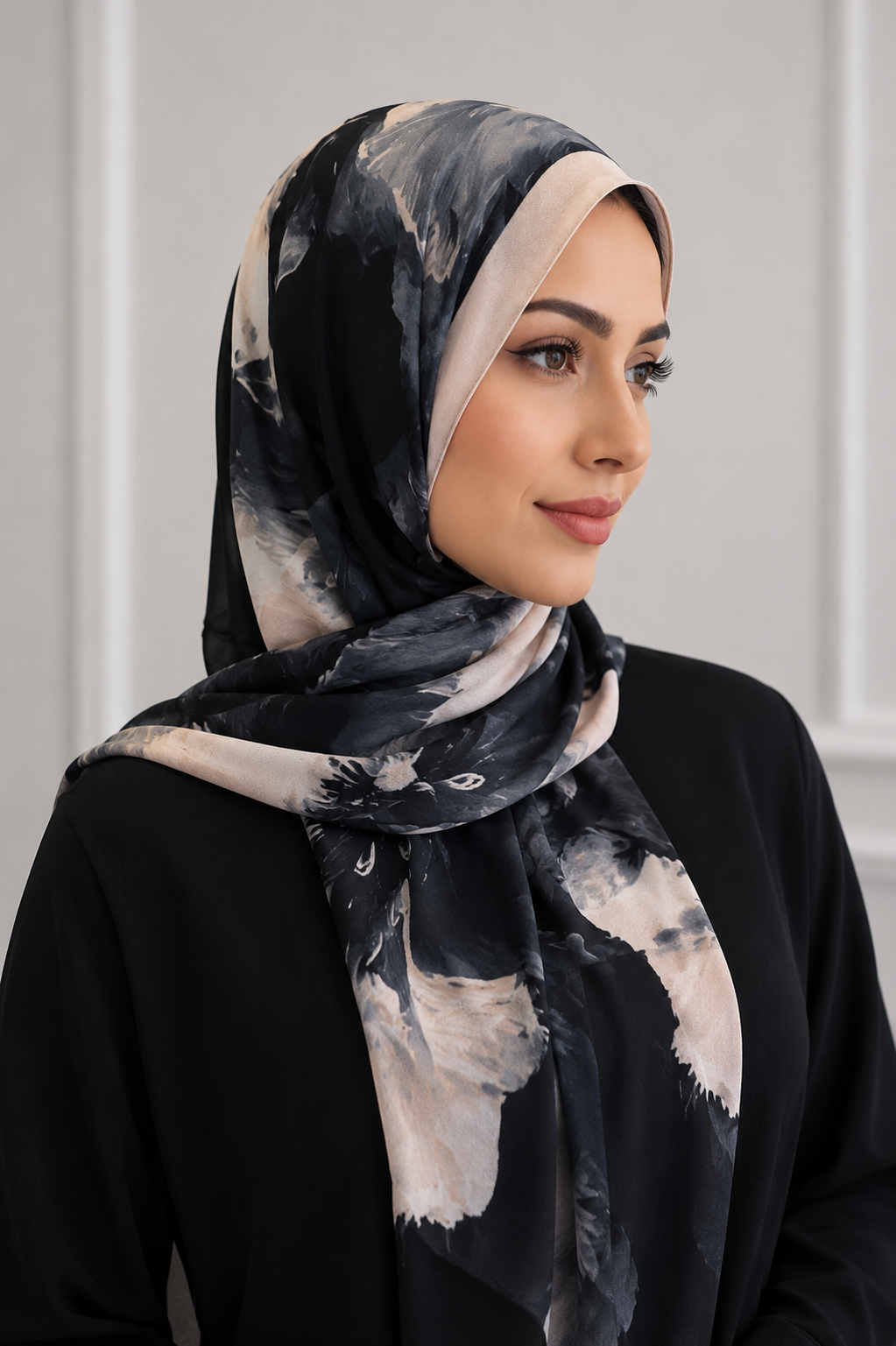Midnight Bloom Floral Chiffon Shawl – Black & Ivory Watercolor Print