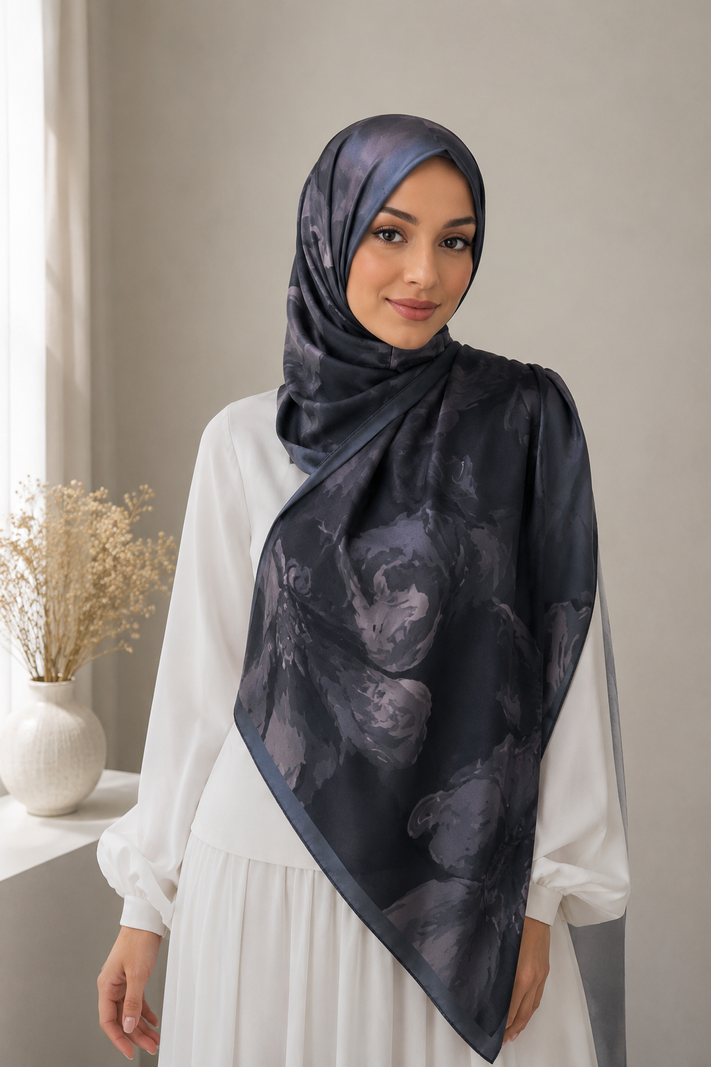 Elegant Midnight Floral Chiffon Hijab