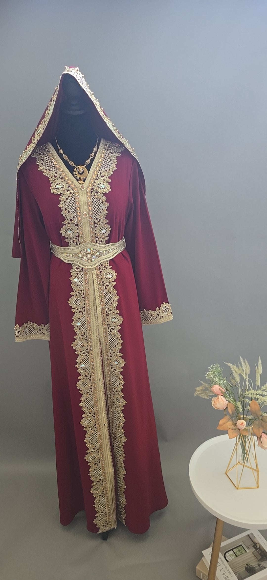Luxury Moroccan Burgundy Caftan with Matching Hooded Scarf & Gold Embroidery