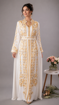 Luxury Ivory Moroccan Caftan with Gold Embroidery & Matching Belt