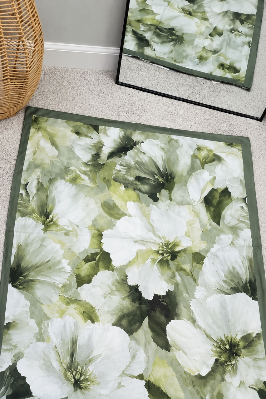 Elegant White Floral Garden Shawl Hijab – Sage Green Border Luxury Scarf