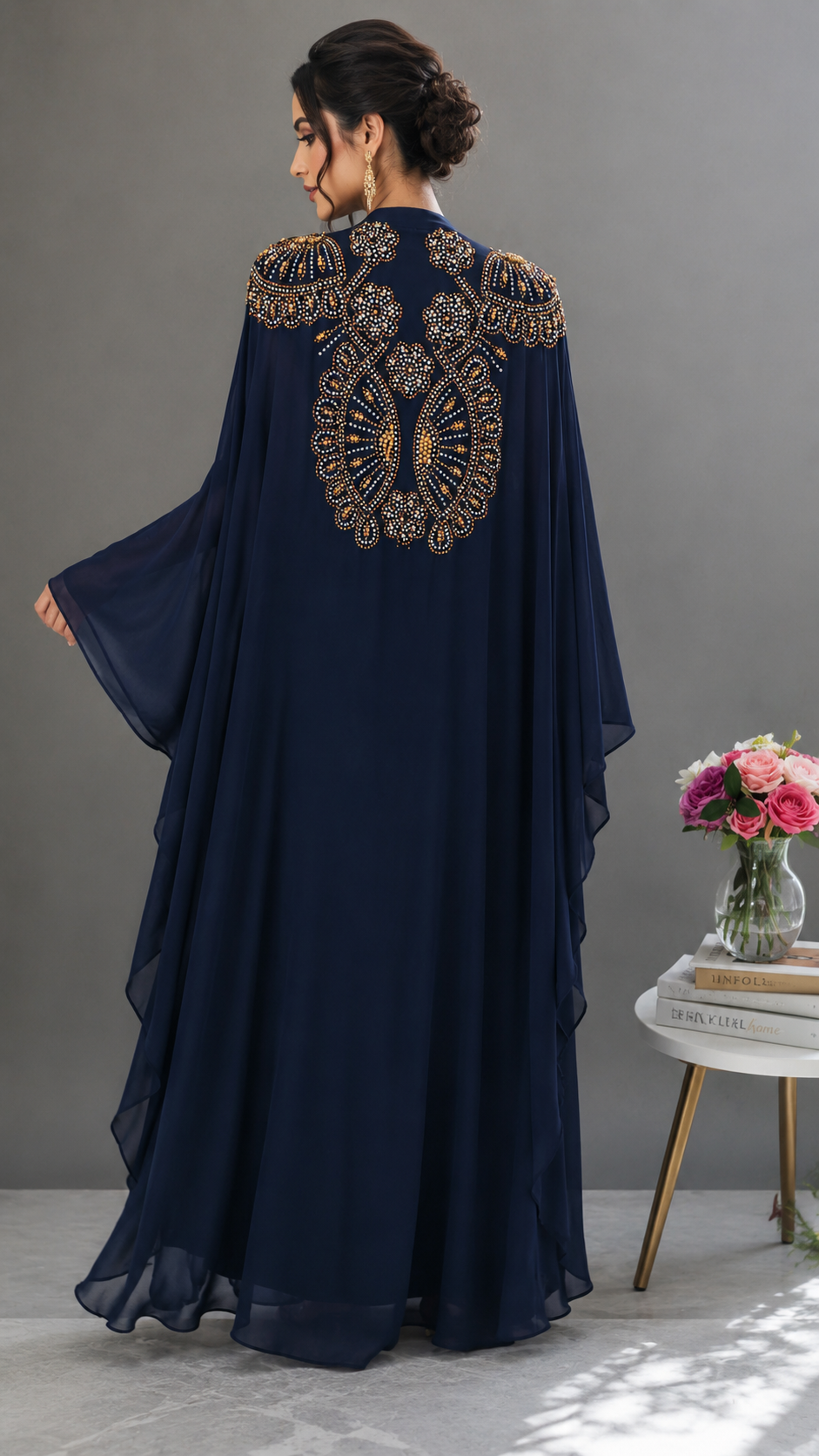 Navy Blue 2-Piece Moroccan Caftan with Inner Dress & Gold Embellishments