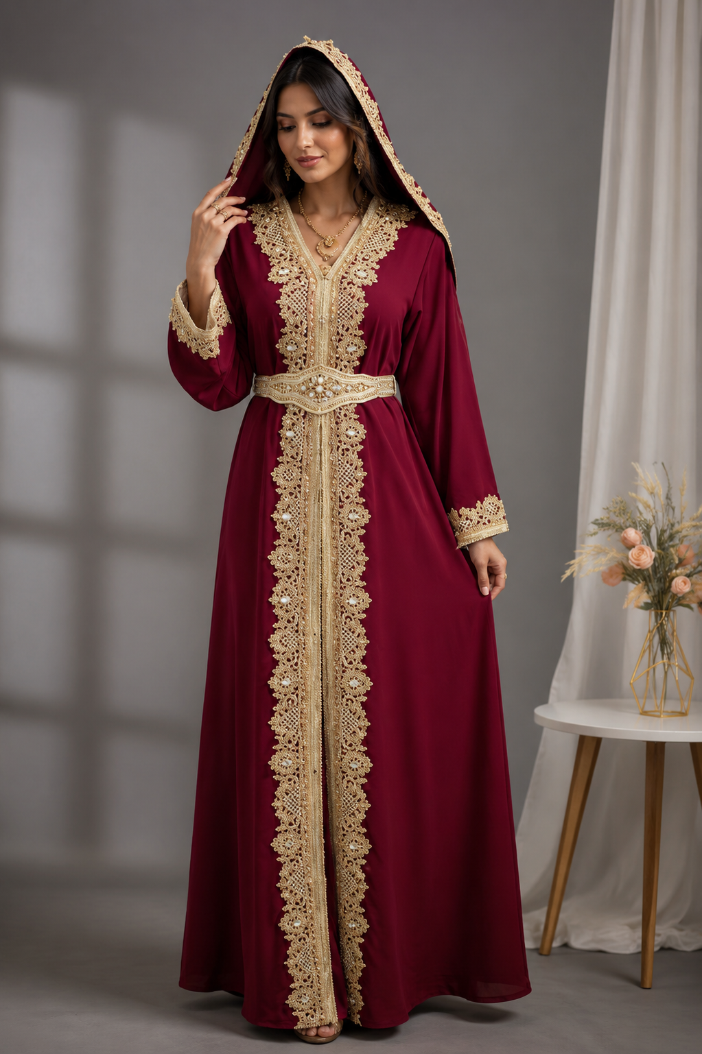 Luxury Moroccan Burgundy Caftan with Matching Hooded Scarf & Gold Embroidery