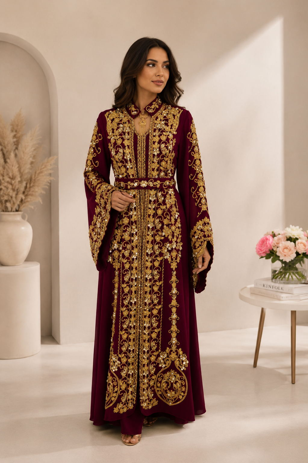 Luxury 3-Piece Burgundy Caftan with Gold Embroidery & Matching Inner Dress