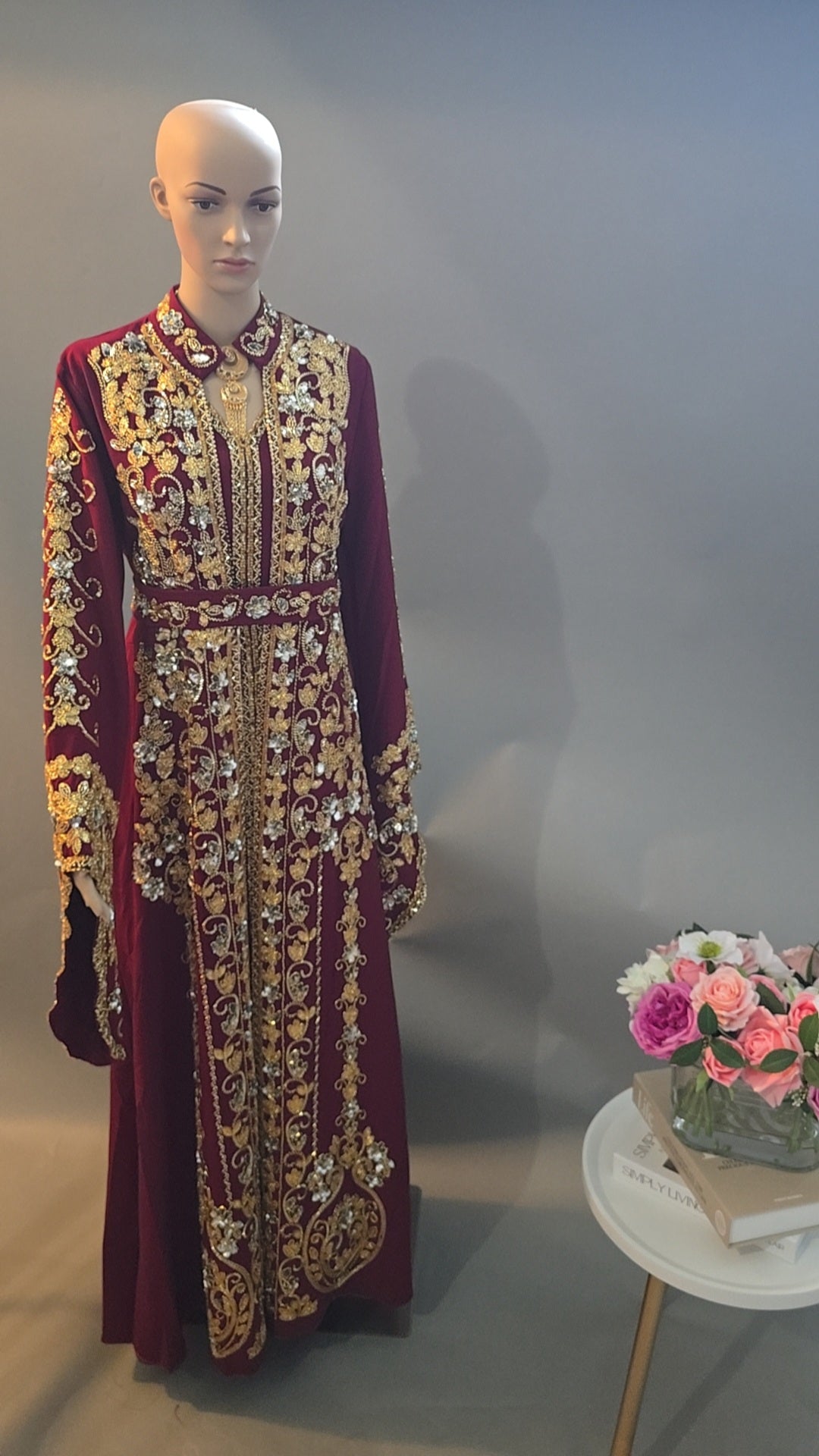 Luxury 3-Piece Burgundy Caftan with Gold Embroidery & Matching Inner Dress