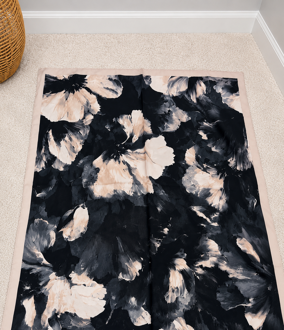 Midnight Bloom Floral Chiffon Shawl – Black & Ivory Watercolor Print