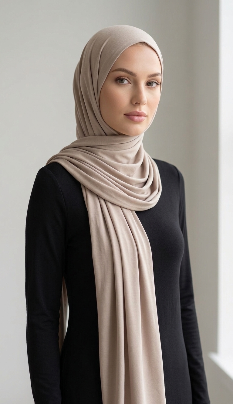 Premium Jersey Hijab – Soft Beige | Stretch Cotton Blend | Long Shawl