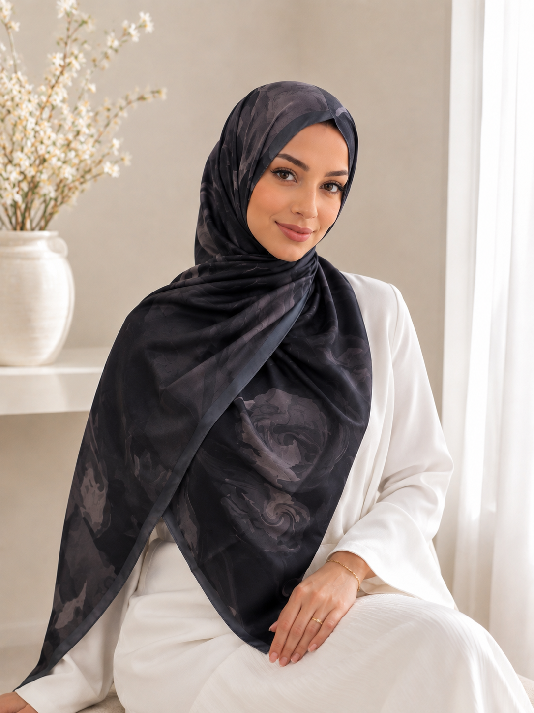 Elegant Midnight Floral Chiffon Hijab