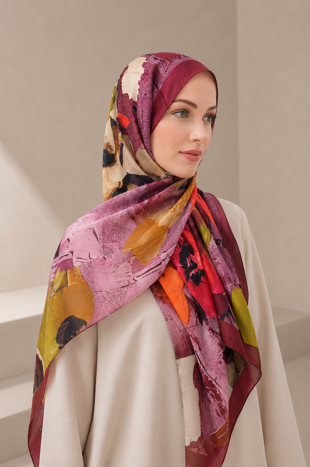 Crimson Garden Floral Hijab Shawl – Burgundy Multi-Color Artistic Print